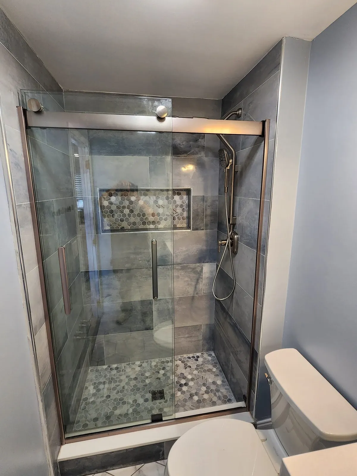 Blue bathroom after remodel